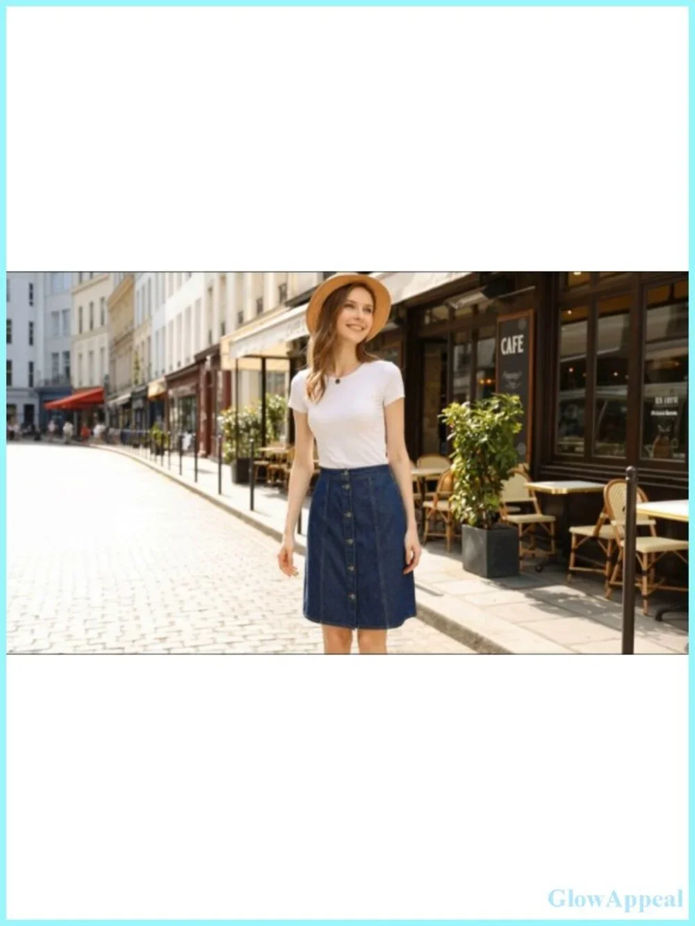 High Waist A-Line Denim Skirt with Button Front, Knee Length Casual Cotton